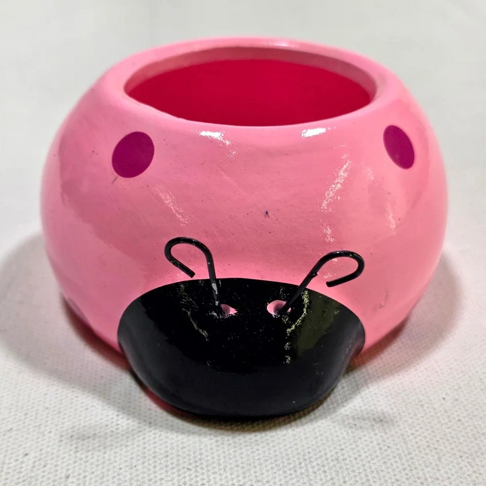 Love Bugs Ladybug Ceramic Planter Small Pink Purple Polka Dot Trinket Dish Decor